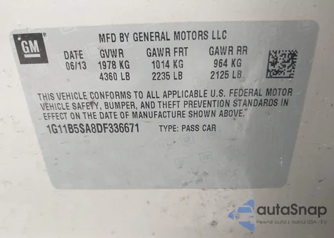 2013 Chevrolet Malibu 1Ls z USA, uszkodzony, nr VIN 1G11B5SA8DF336671